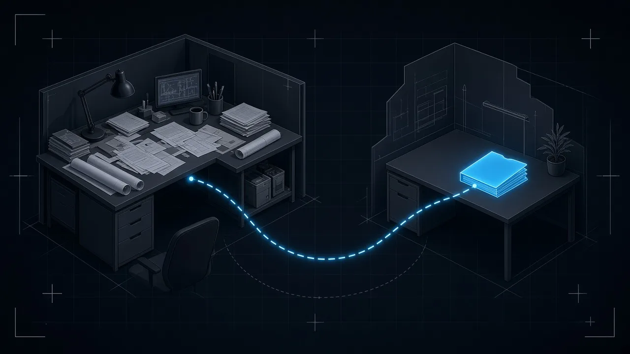 Illustration of a cluttered engineering cubicle linked by a dashed path to a clean desk with a glowing folder, an agent as a new office rather than more paper on this one.