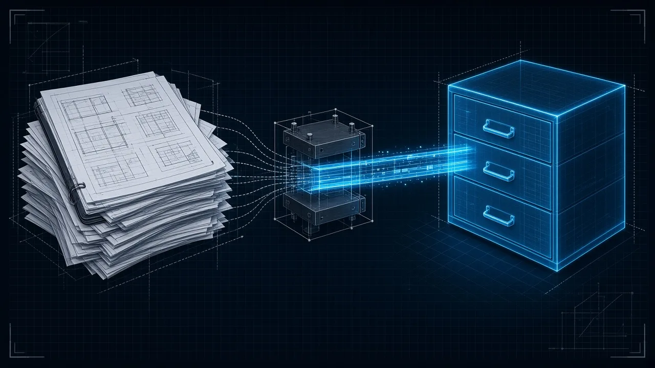 Illustration of a stack of drawings compressed through a press into a glowing filing cabinet, context compaction that keeps the plot and files the rest.