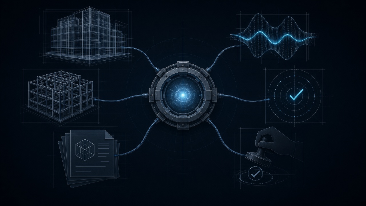 Illustration of an AI model connected through a harness to tools, validations, evidence, and professional review in an AEC workflow.