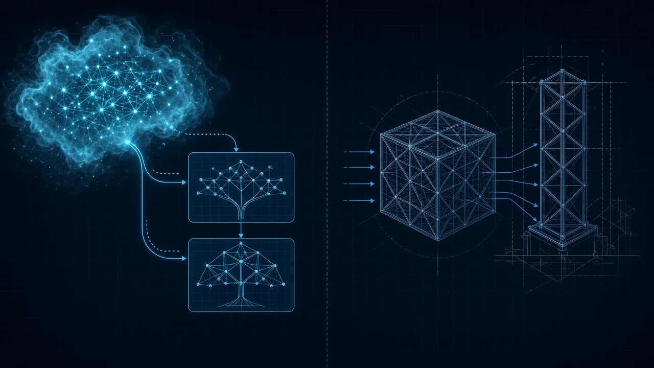 Illustration of a neural cloud branching into decision trees beside a structural cube and tower under load. An LLM predicts; it does not calculate.