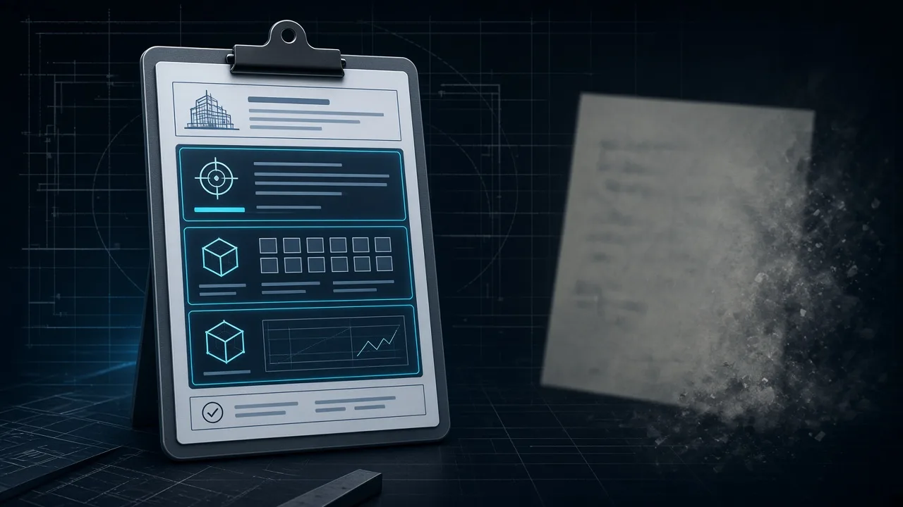 Illustration of a structured digital clipboard of engineering work orders beside a paper briefing that dissolves into dust.