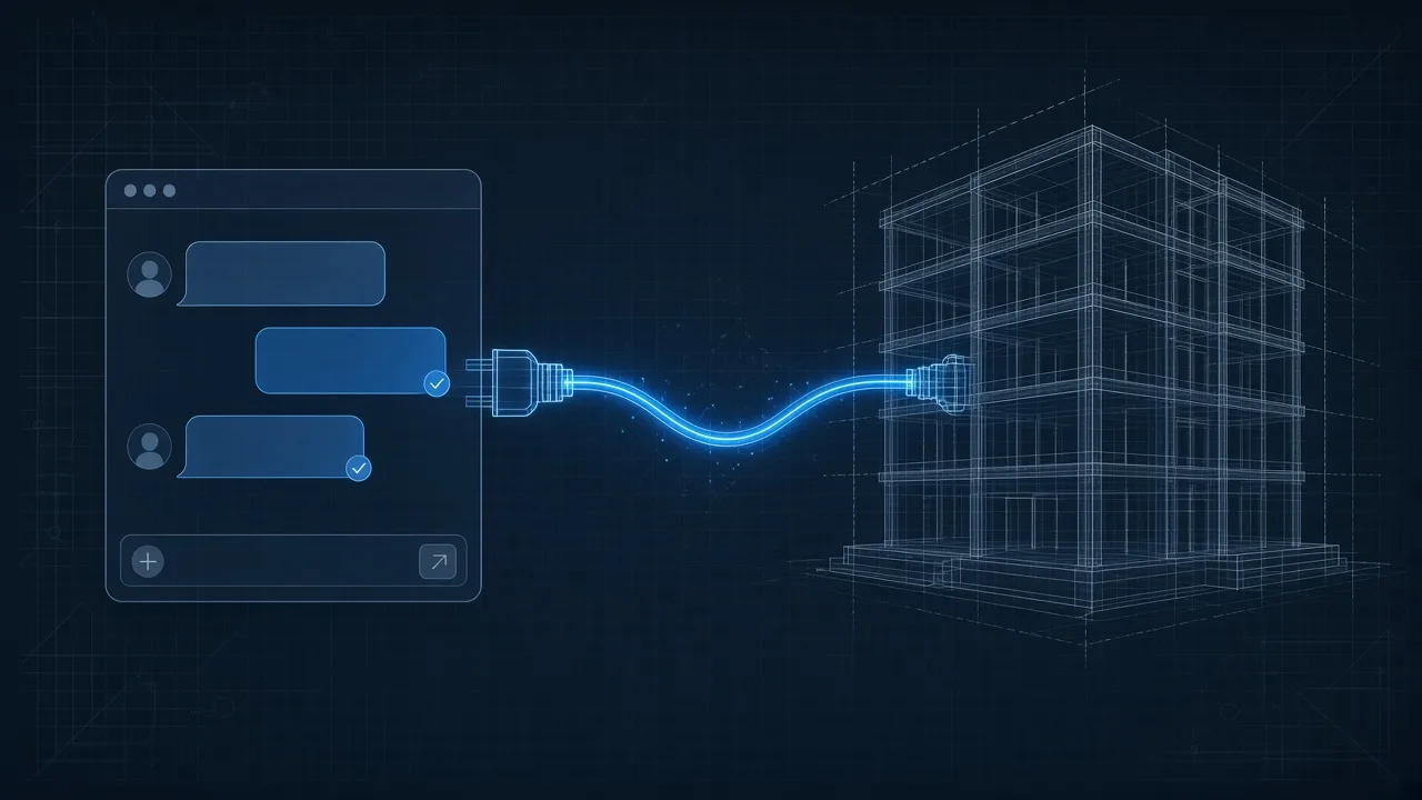 Illustration of a chat window plugged by a glowing cable into a wireframe building, the MCP connector that lets an AI touch a Revit model.
