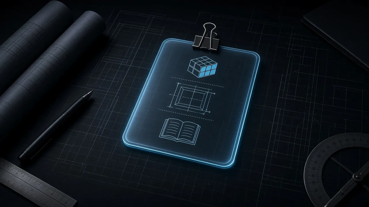 Illustration of a laminated glowing instruction card on a drafting table, with a cube, a drawing, and a code book, a skill that stays at the same desk.
