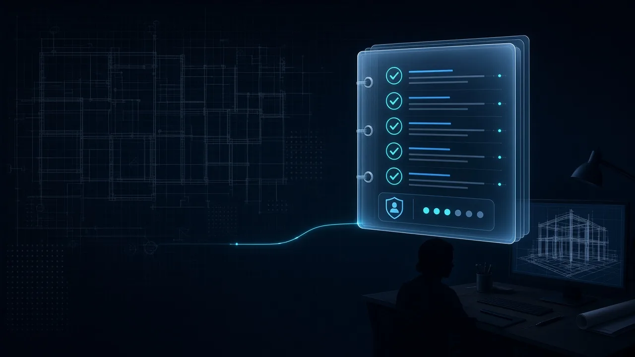 Illustration of a holographic policy binder with checklists hovering over an engineer's desk, the system prompt as office rules that stay in place.