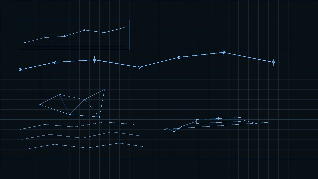 Alignment, TIN surface, profile, and corridor section in glowing cyan on a dark AEC Hub background.