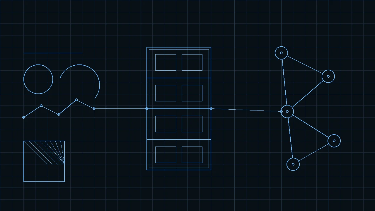 CAD entities, a building model, and connected platform nodes in glowing cyan on a dark AEC Hub background.