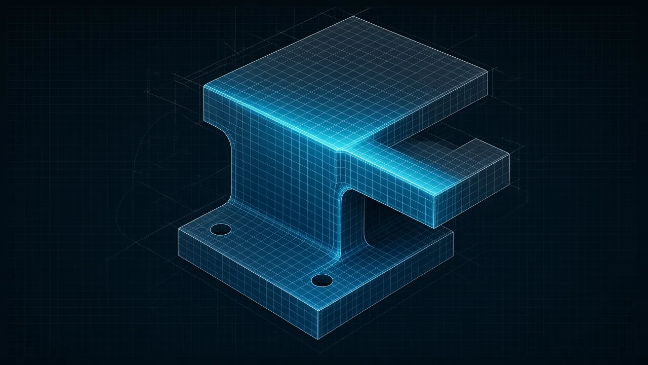 Structural I-section with a glowing cyan FEM quad mesh on a dark AEC Hub background.