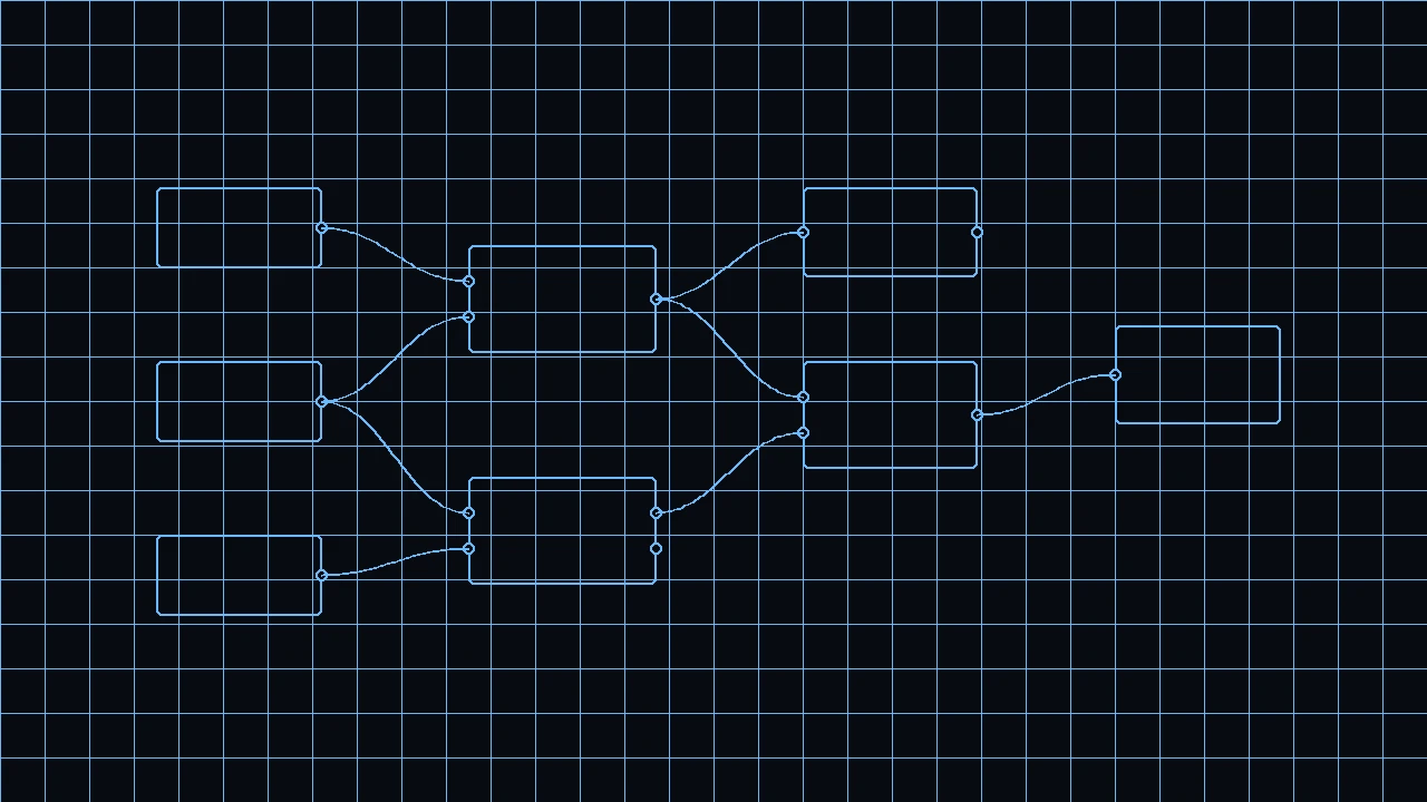 Visual-programming graph with nodes and wires in glowing cyan on a dark AEC Hub background.