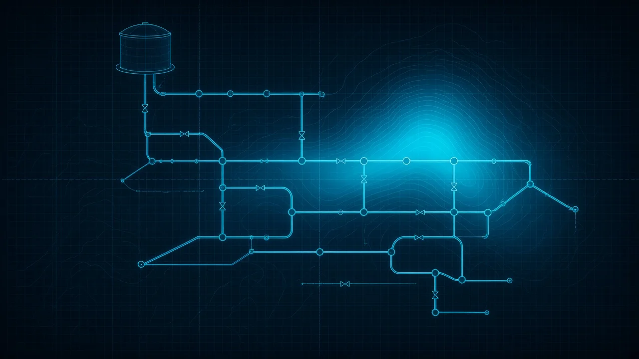 Pressurized water-distribution network schematic in glowing cyan on a dark AEC Hub background, with an elevated tank, nodes, and valves.