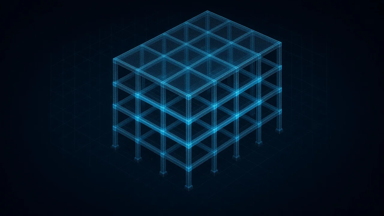 Isometric wireframe of a three-story building frame in glowing cyan on a dark AEC Hub background.