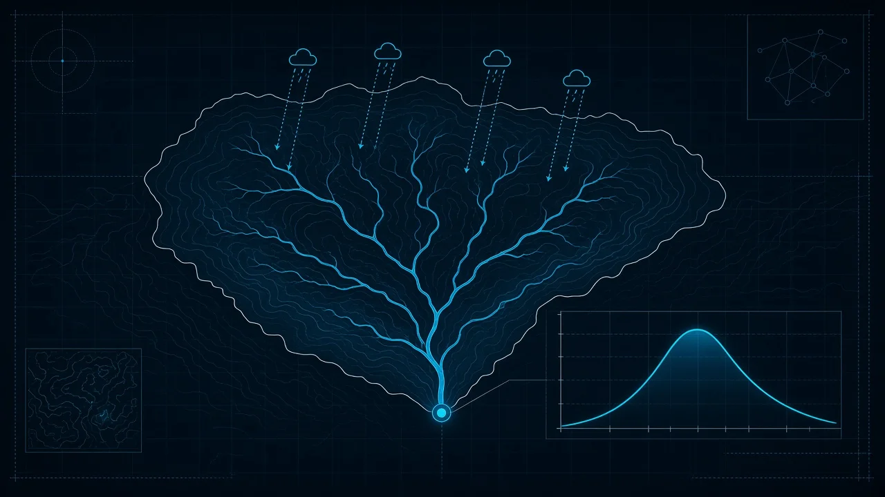Dendritic watershed in cyan with rainfall, an outlet, and a hydrograph on a dark AEC Hub background.