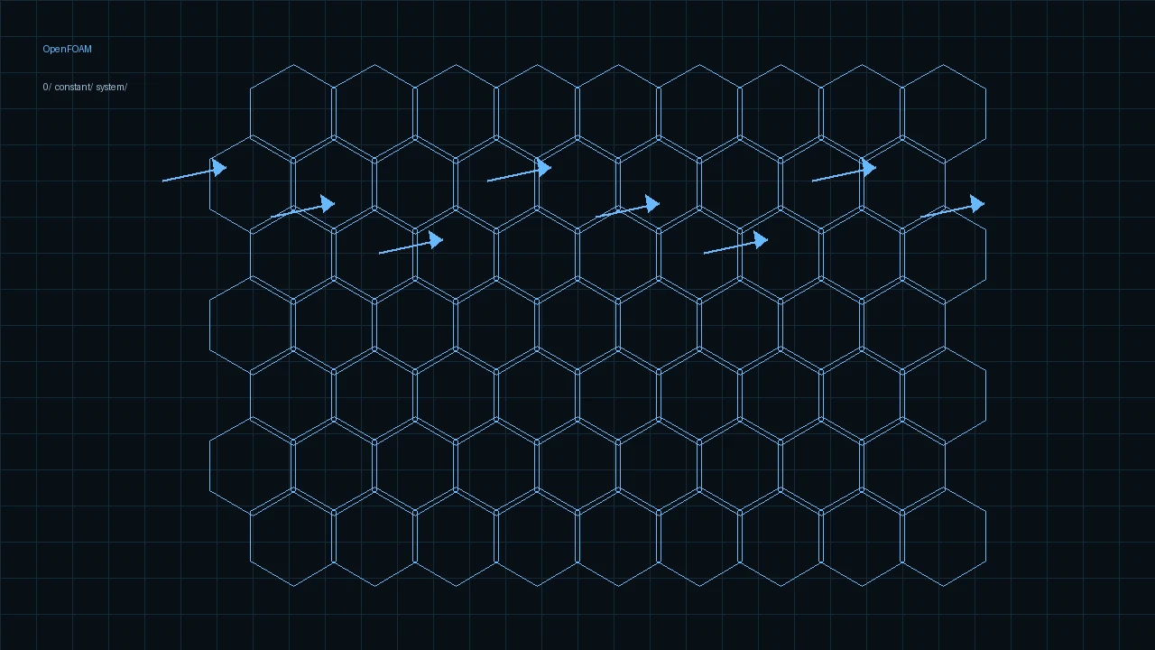 Hexagonal CFD mesh with velocity vectors and 0/constant/system folders in cyan on a dark AEC Hub background.