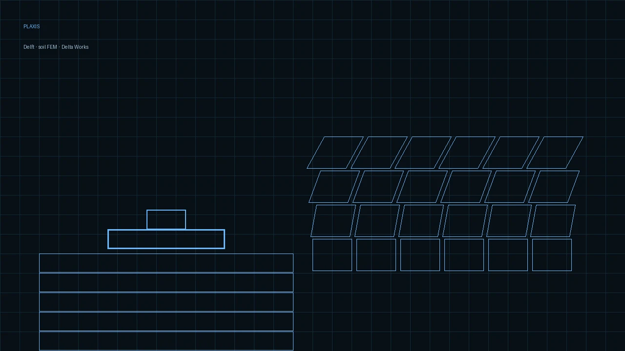 Foundation on soil strata and a deformed cyan FEM mesh on a dark AEC Hub background.