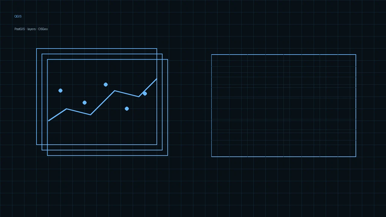 Map layers, coastline, and an attribute table in cyan on a dark AEC Hub background.