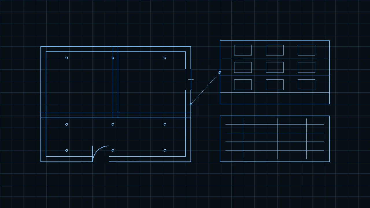 Floor plan with walls as objects, an elevation, and a schedule grid in glowing cyan on a dark AEC Hub background.