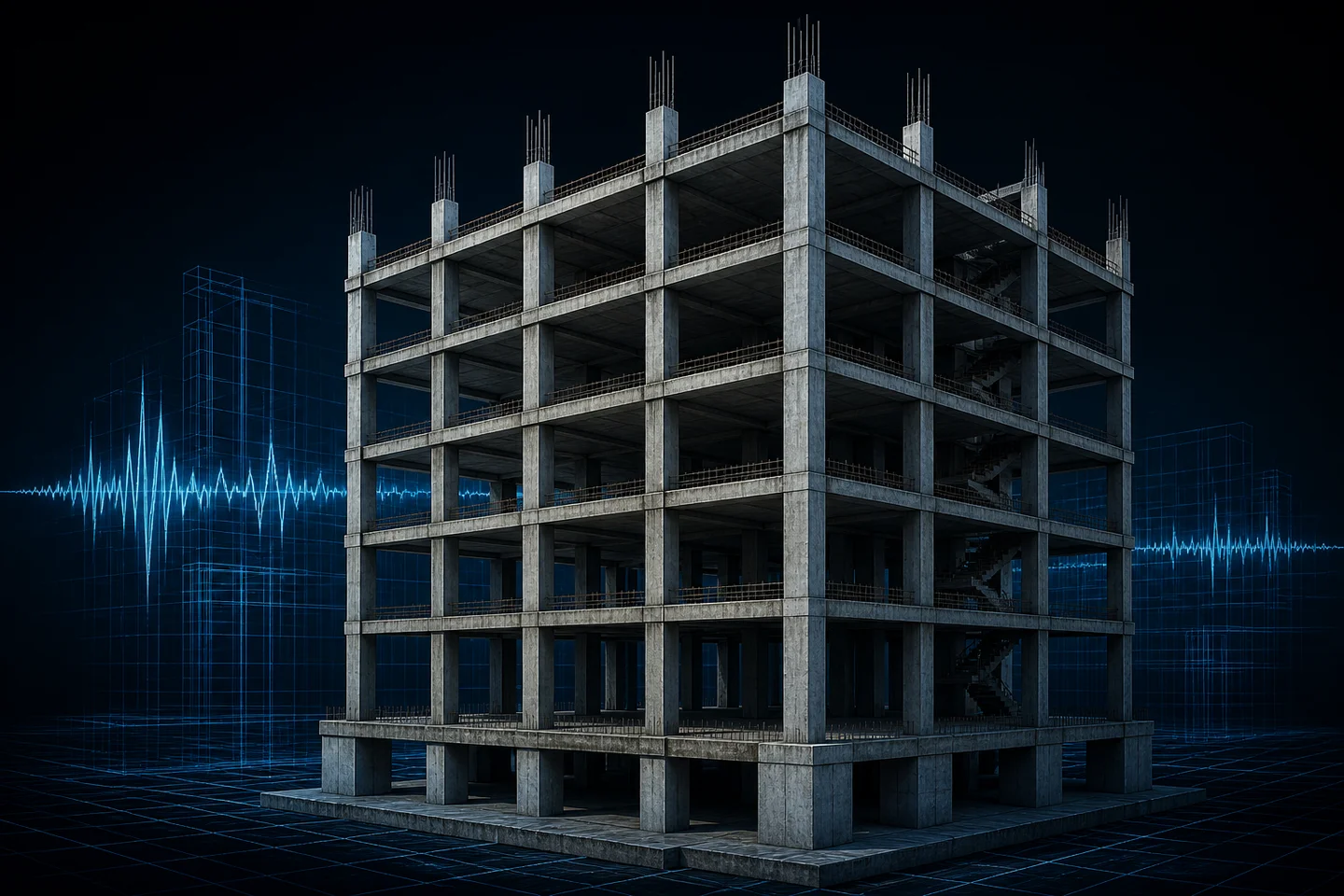 Unfinished six-story reinforced-concrete frame at night, with a faint structural wireframe.