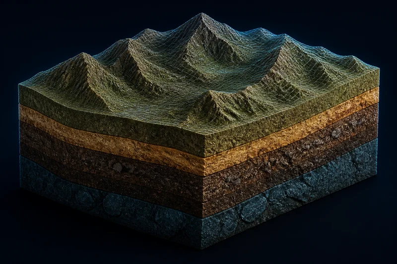 Terrain cutaway showing geological strata and a surface mesh.