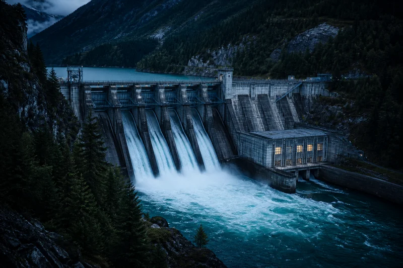 Hydroelectric dam spillway in a forested mountain valley.