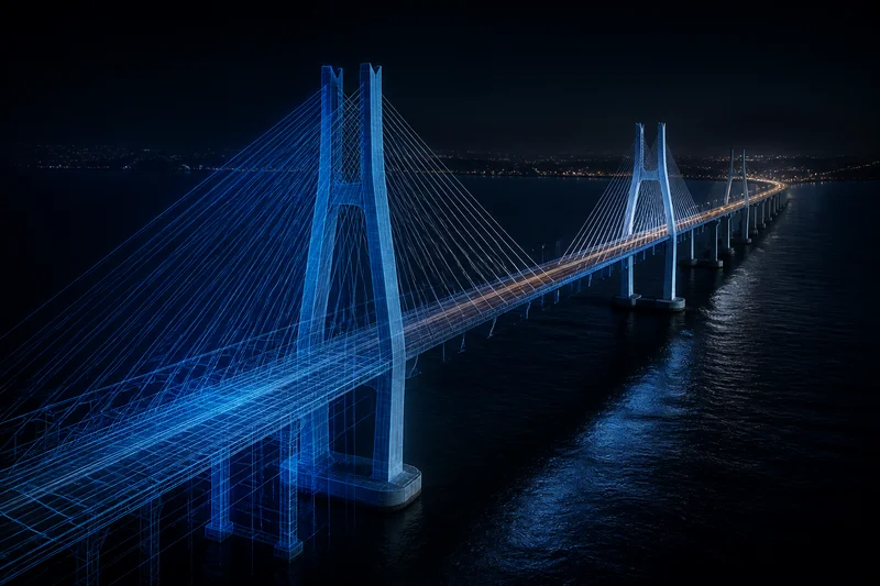 Cable-stayed bridge over dark water, with a structural wireframe overlay.
